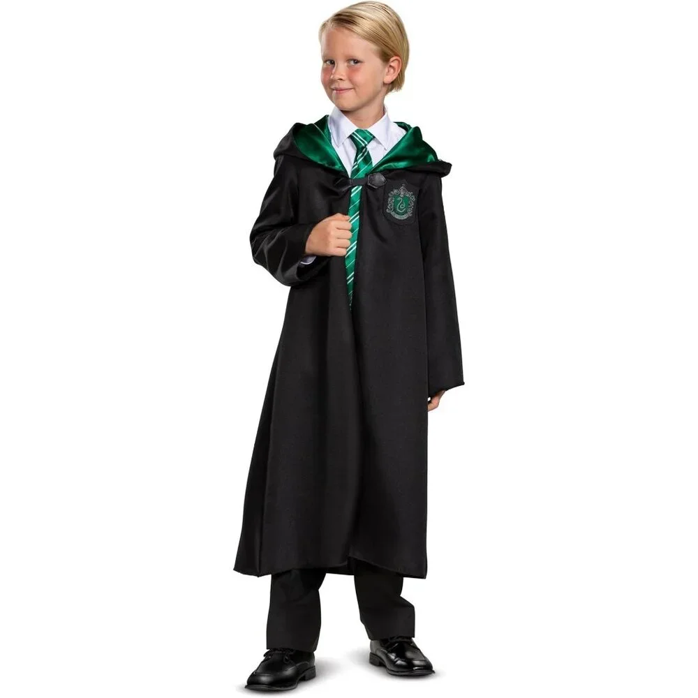 Harry Potter Slytherine Kids Costume 7-8 Robe Cloak Hogwarts and Draco Wand